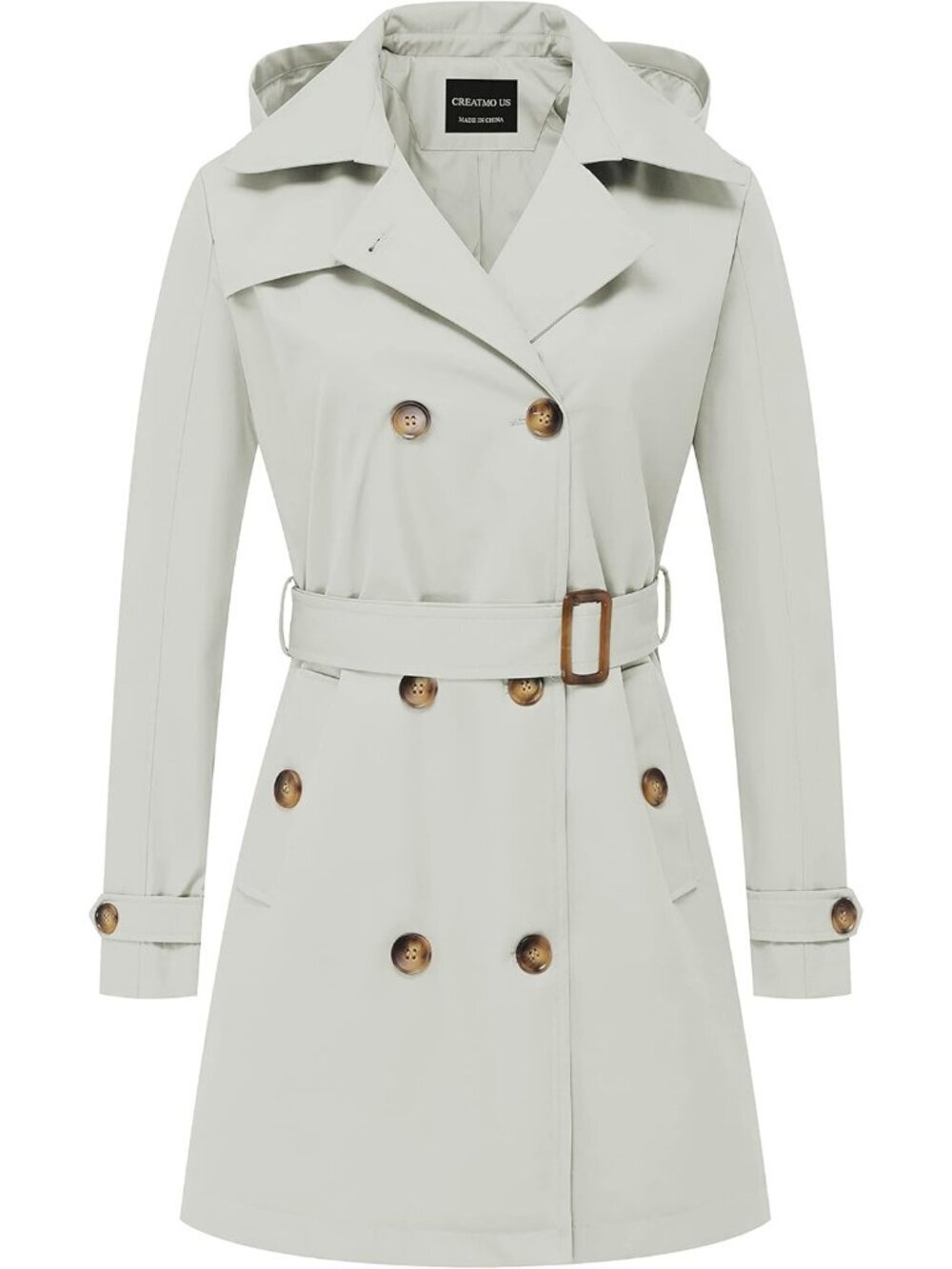 Women's White Polyester Double Breasted Lapel Belted Detachable Hood Trench Coat